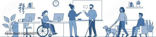Inclusive office workspace vector, diverse employees with disabilities in modern business environment, accessible workplace illustration