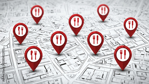 Multiple red map location pins indicating dining points on a city street map for food delivery or restaurant guide