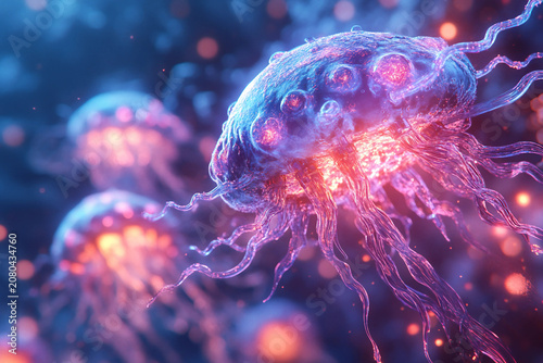 Microscopic view of futuristic nanotechnology in medical environment with glowing neural connections, generative ai