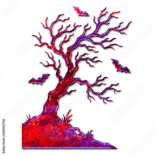 Obraz na plátně Spooky Halloween dead tree with flying bats, purple and red ghoulish bare branch