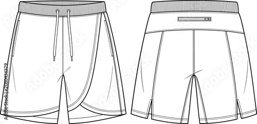 Fotografie Technical flat sketch of athletic shorts front and back views with ribbed waistb