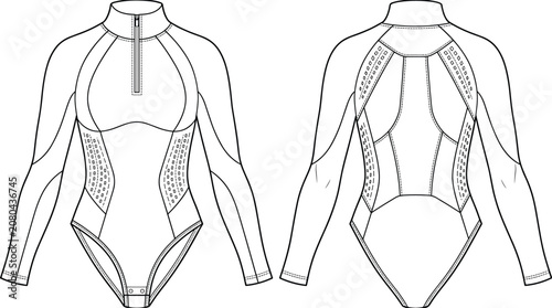 Technical flat sketch of long‑sleeve bodysuit front and back views with zipper neckline, seam details, and perforated panel design