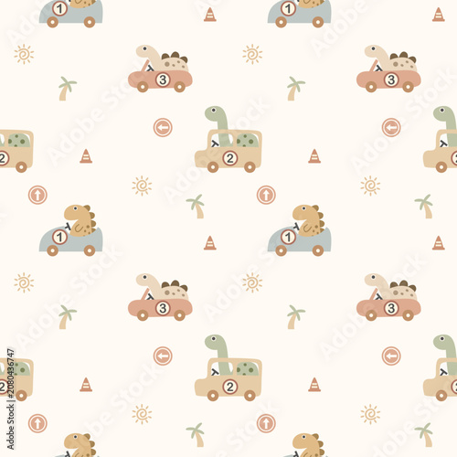 Dinosaur racing cartoon so cute. On tree traffic cone traffic sign sun background. Pattern seamless vector illustration. 