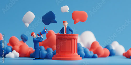 Cartoon official addresses a crowd through megaphone backed by colorful cloud shapes