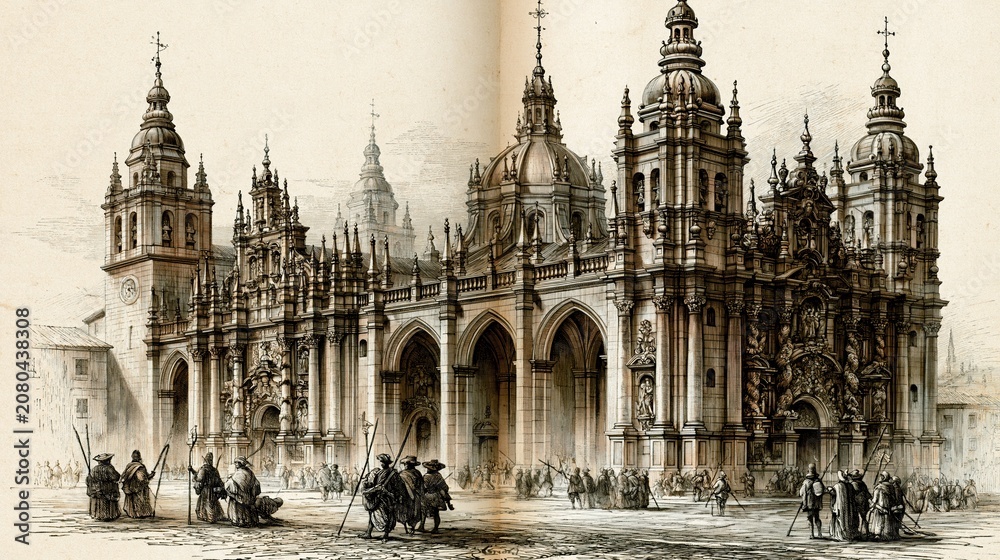 Fototapeta premium Vintage engraving illustration, detailed woodcut style depiction of Santiago de Compostela Cathedral with pilgrims and staffs, crosshatching texture, black and white with sepia tint