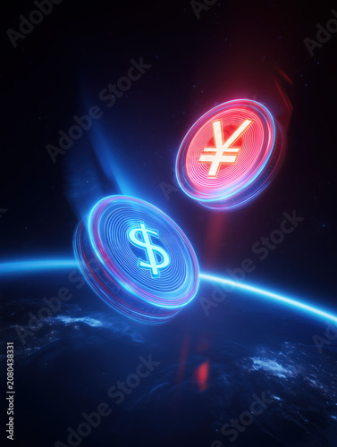 Glowing currency symbols hover above earth in a dramatic night sky scene