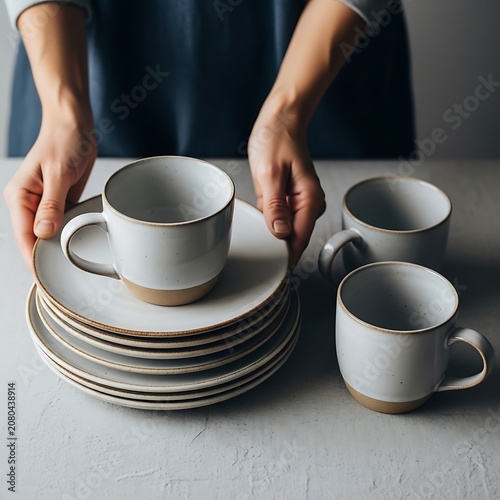 Person Arranging Stack of Neutral-Toned Ceramic Plates and Mugs on a Minimalist Table