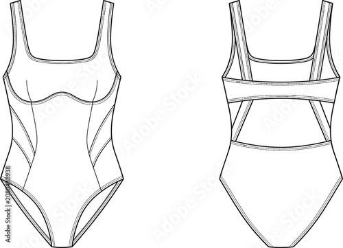 Technical flat sketch of one‑piece swimsuit front and back views with square neckline, straps, seams, and cutout design details