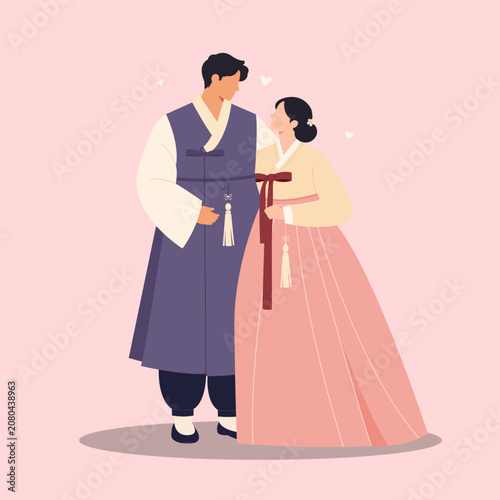 Couple Wearing Traditional Korean Hanbok Flat Illustration