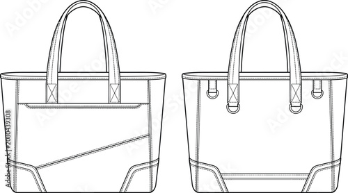 Technical flat sketch of tote bag front and back views with pocket, straps, seams, and structured design for fashion illustration