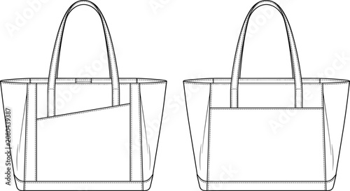 Technical flat sketch of tote bags front views with asymmetrical and rectangular pocket designs, seams, and structured fashion details