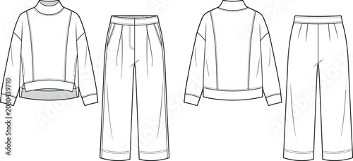 Technical flat sketch of two‑piece outfit with long‑sleeve top and wide‑leg pants front and back views for fashion design