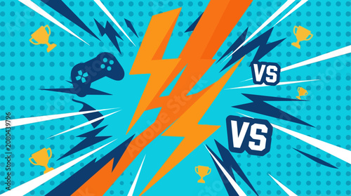 Принти на полотні A vibrant gaming poster illustration with a controller, lightning bolts and VS symbols