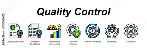 Quality Control banner web icon vector illustration concept with an icon of business with icon of Quality Assurance, Standards Compliance, Performance Improvement, Reliable Practices, Efficient.