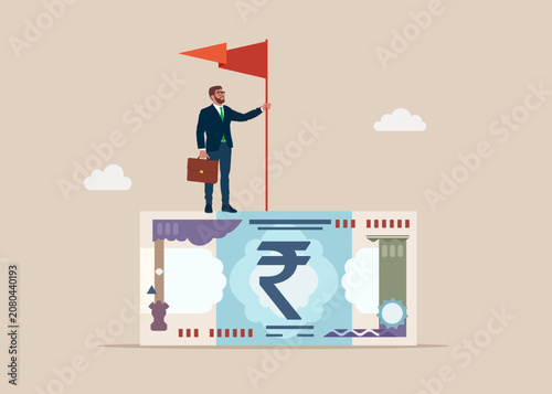 Government bond. Rupee banknotes. Concept of investment, wealth, spending, inflation and loss of savings.  Modern vector illustration in flat style