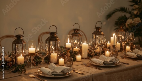 Elegant Table Setup With Lanterns and Candles for a Dinner Gathering in a Coz...