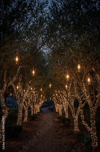 Pathway Lined With Lights Under Trees During Evening Time