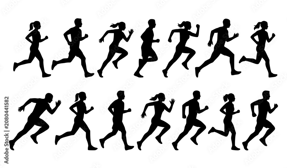 Obraz premium Dynamic Jogging Men and Women Silhouette Vector Pack with Multiple Running Action Poses