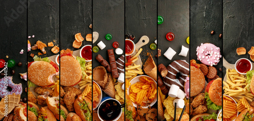 Fotografía Fast food and sweet snacks collage with burgers fries donuts and dessert background