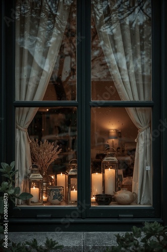 Warm Candles and Lanterns Fill a Window With Light During the Evening