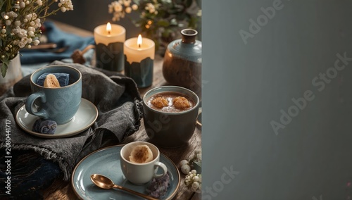 Warm Drinks and Sweets on a Table With Candles in a Cozy Setting During a Win...