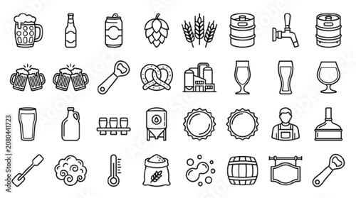 Beer Day vector icon pack, 30 black and white line art elements, outline style, coloring book friendly, beer mug, bottle, can, hops, barley, keg, beer tap, cheers toast, bottle opener, pretzel, brewer