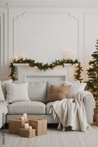 Cozy Living Room Decorated for Holidays With Present Boxes and Candles on the...