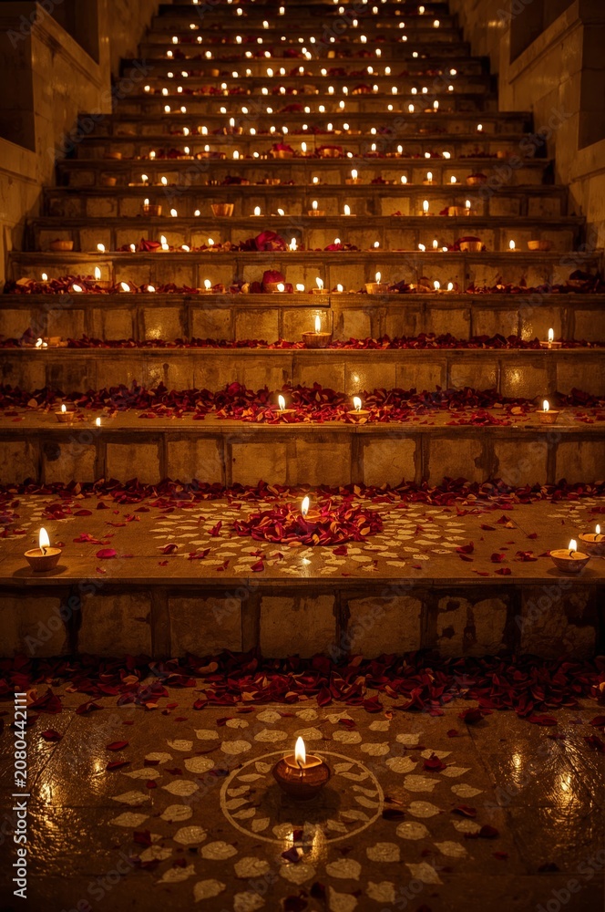 Fototapeta premium Stairs Decorated With Candles and Flower Petals Create a Festive Scene During a Celebration