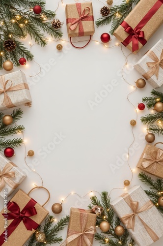 Wrapped Gifts Arranged With Festive Decorations for Holiday Celebration
