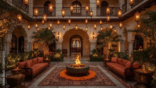 Warm Gathering Space With Plants and Fire in Courtyard During Evening