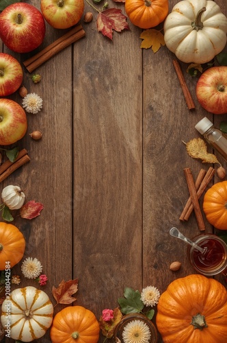 Fall Harvest Display With Pumpkins, Apples, and Spices on Wooden Table