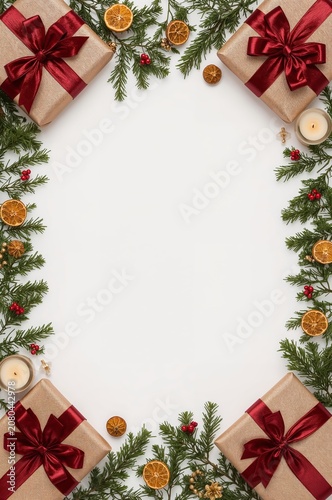 Decorative Gifts and Festive Elements Arranged on a White Background for a Ho...