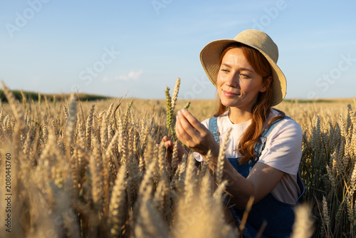 Female farmer inspecting ripe wheat crop in a golden field at sunset