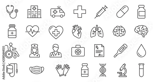 Medical Icons Set. A collection of clean and modern line art icons representing various aspects of healthcare, medicine, and science. medical symbols, healthcare graphic, science icons.