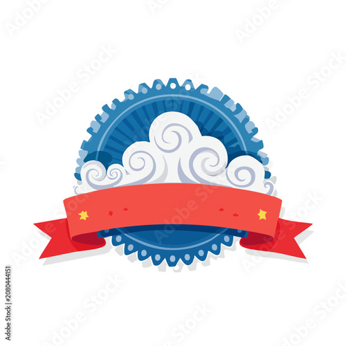 Blue gear badge with red ribbon and clouds