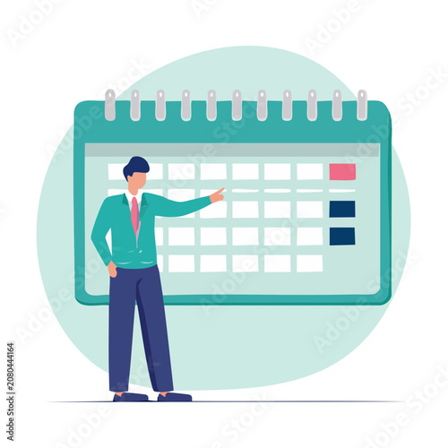 Businessman pointing at calendar in flat vector style