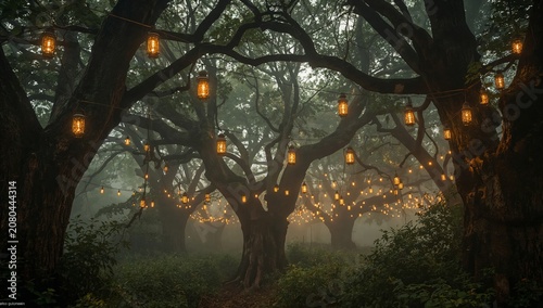 Trees Covered in Lanterns Light up a Foggy Forest Path at Night
