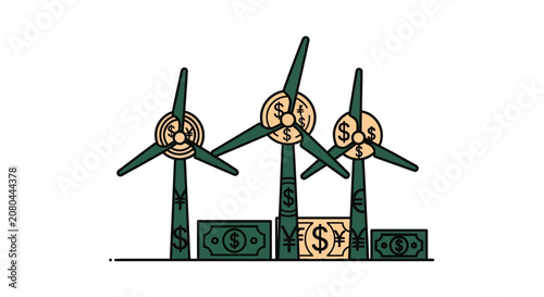 Wind turbines with currency symbols representing green energy investment