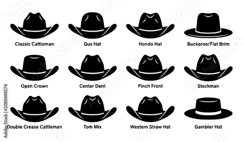 Foto Western Cowboy Hat Types Solid Silhouette Vector Icon Set Featuring Cattleman Gu