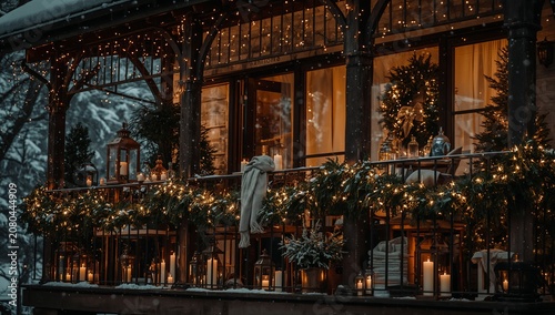 Winter Evening on a Decorated Balcony With Lights and Candles in a Snowy Setting