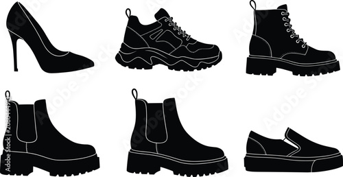 Obraz na płótnie Shoes silhouette set, women high heels, chunky sneakers, lace up boots, chelsea