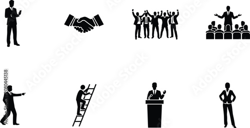 Business Icons Representing Handshake Meeting Success Leadership and Climbing Career Ladder silhouette