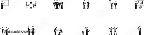 Business Icons Illustrating Presentation Meeting Teamwork and Business Interactions silhouette