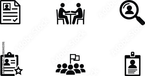 Business and Recruitment Icons Illustrating Job Search and Teamwork interview