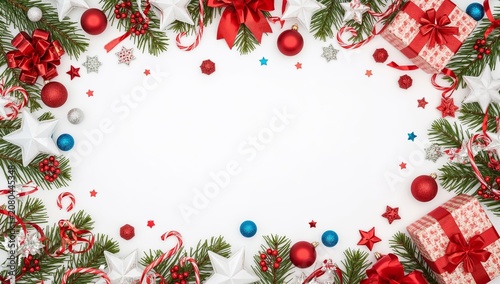 Decorative Border With Red and White Theme for Holidays With Gifts and Orname...