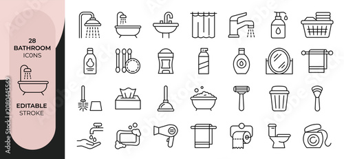 Bathroom Elements Outline Icon Set Editable Stroke Line Vector