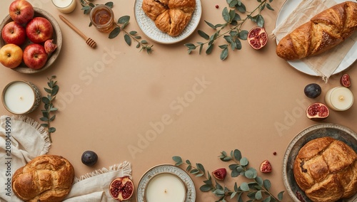 Enjoying Breakfast With Pastries, Fruits, and Honey on a Simple Table Setting...
