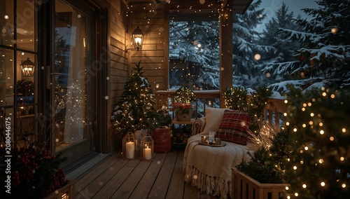 Cozy Winter Scene With Lights and Decorations on a Porch During a Snowy Evening