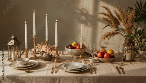 Gathering at a Dining Table With Candles, Fruits, and Flowers During a Daylig...