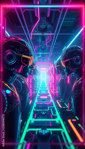 Interconnected world, neon core, strategic minds at play,  artistic,  technology